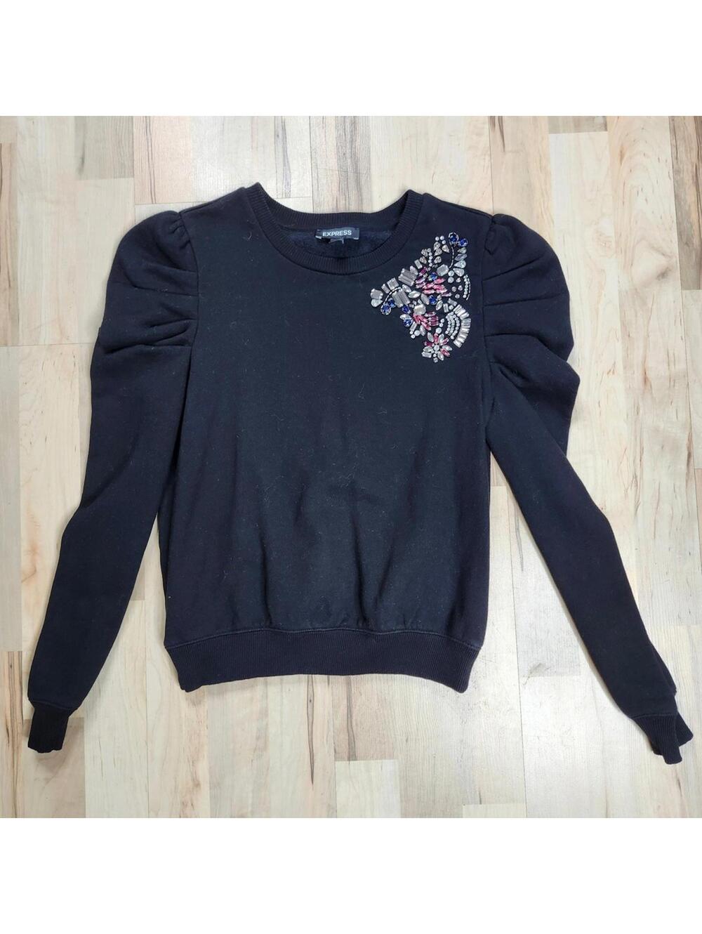 Express Black Embellished Puff Sleeve Sweater